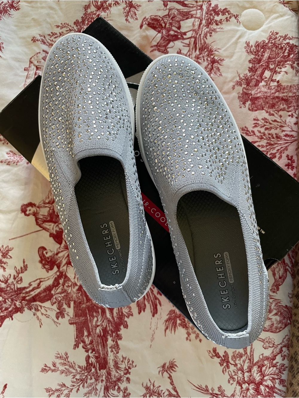 Skechers Women's Slip-On Sneakers in Light Gray with Silver Rhinestones